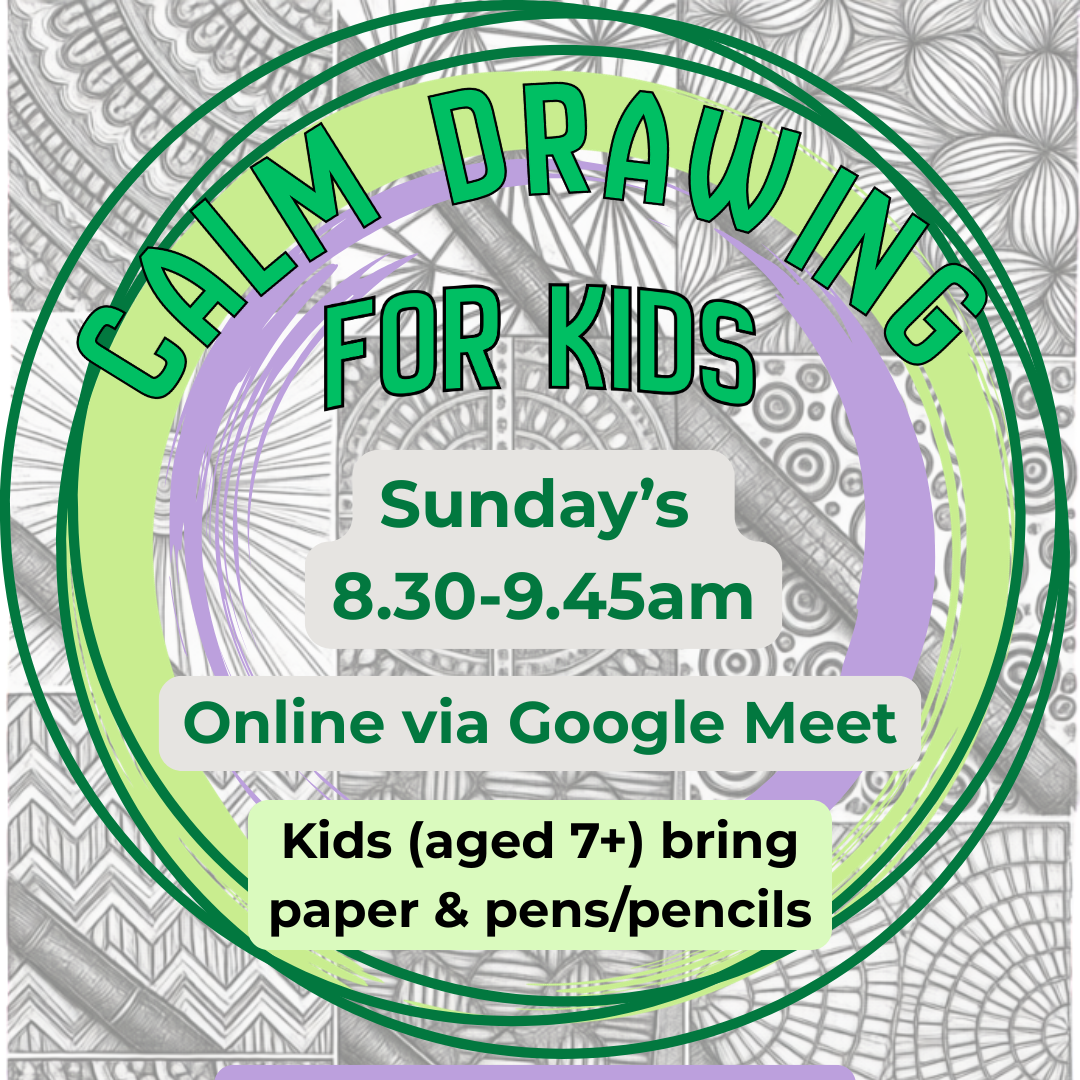 Advertisement for a calm drawing class for kids on a gray background with green and purple text.